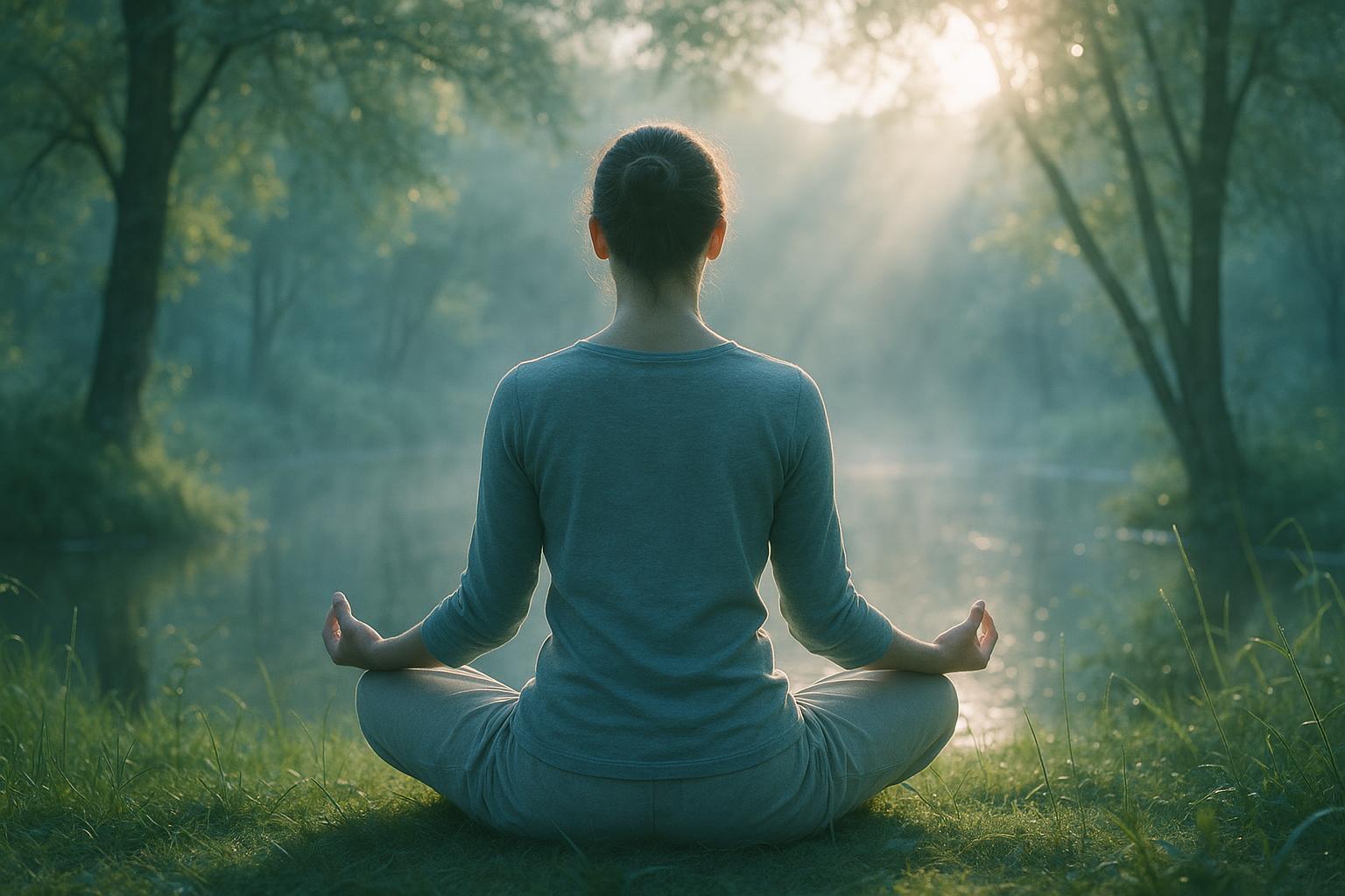 Person in meditativer Haltung in der Natur, die innere Ruhe symbolisiert
